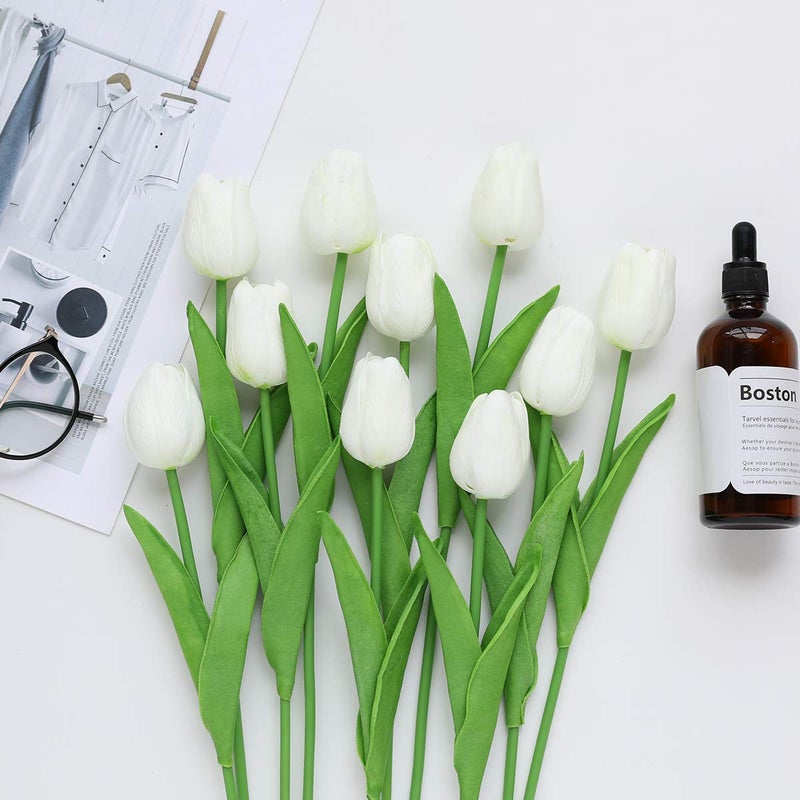 Kisflower 30Pcs Latex Tulips Real Touch White Artificial Flowers Fake Tulips Arrangement Bouquet for Home Office Wedding Decor (White) - Image 3